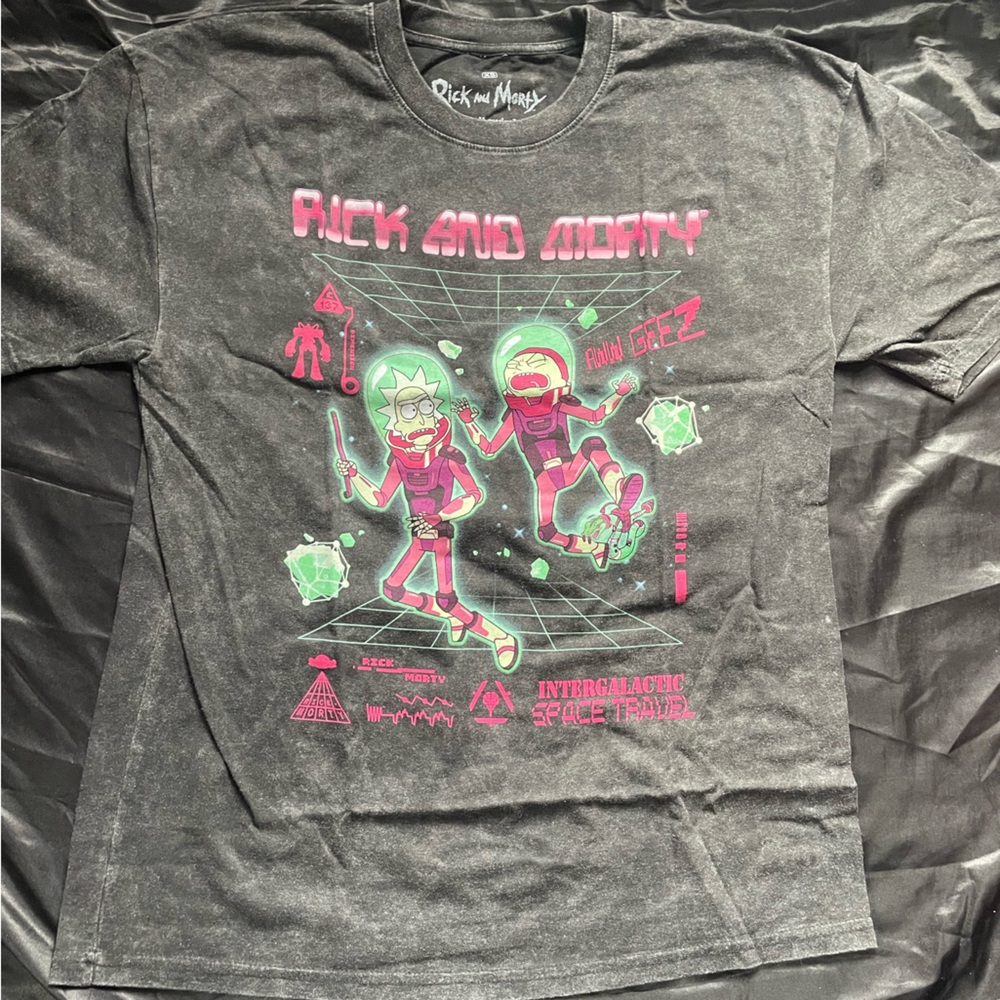 Rick and Morty Neon Space Graphic Tee - Black with Green & Pink